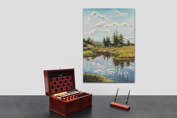 Дубовицкий Виктор Николаевич. Пейзаж с рекой, елями и церковью на холме